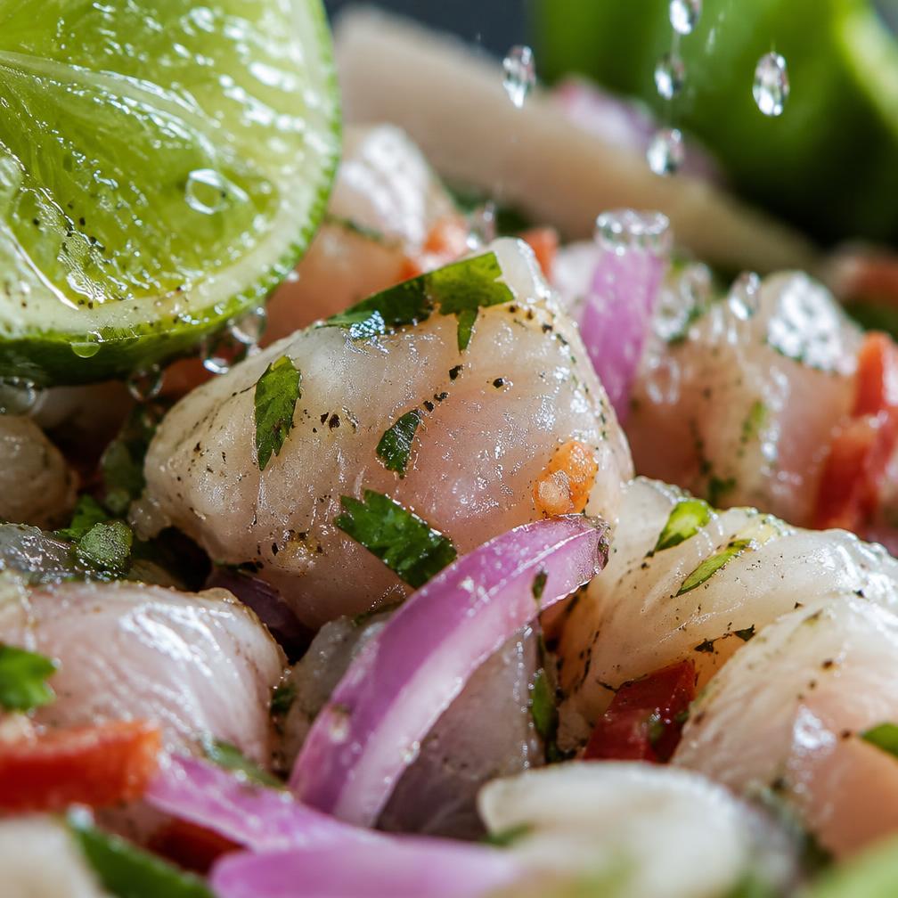Macro de ceviche con gotas de limón